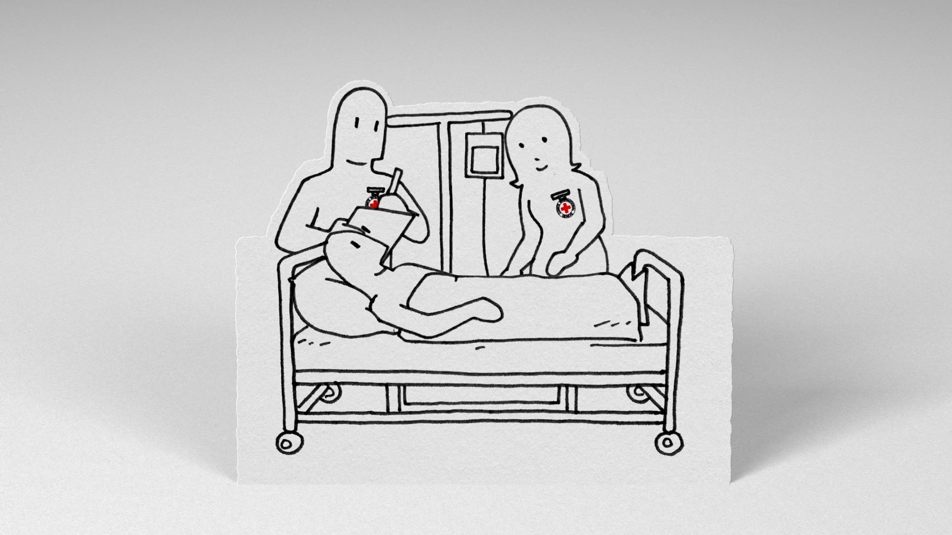 Membres du CICR derrière un lit d'hôpital