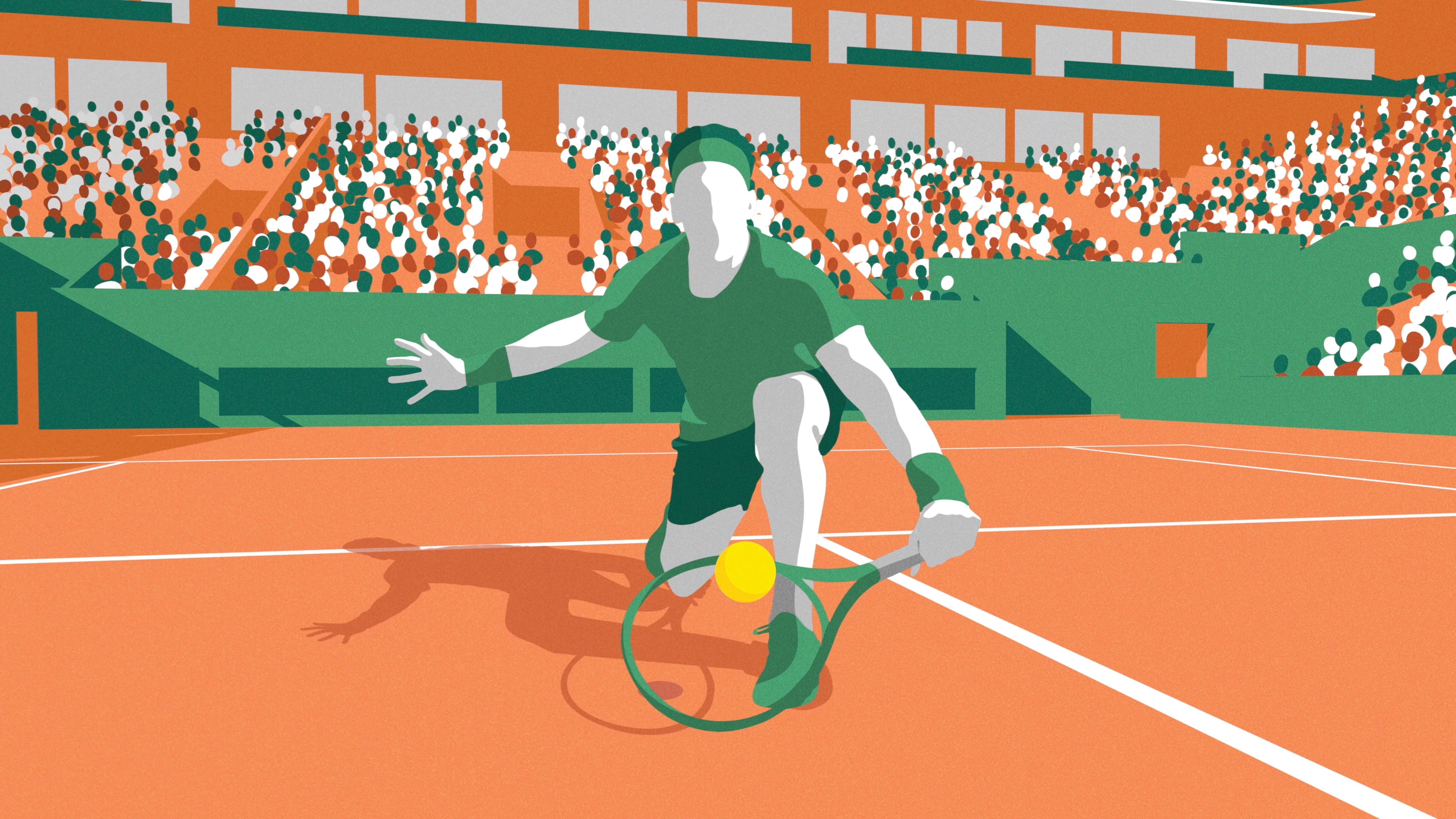A tennis player catches the ball just before it hits the ground